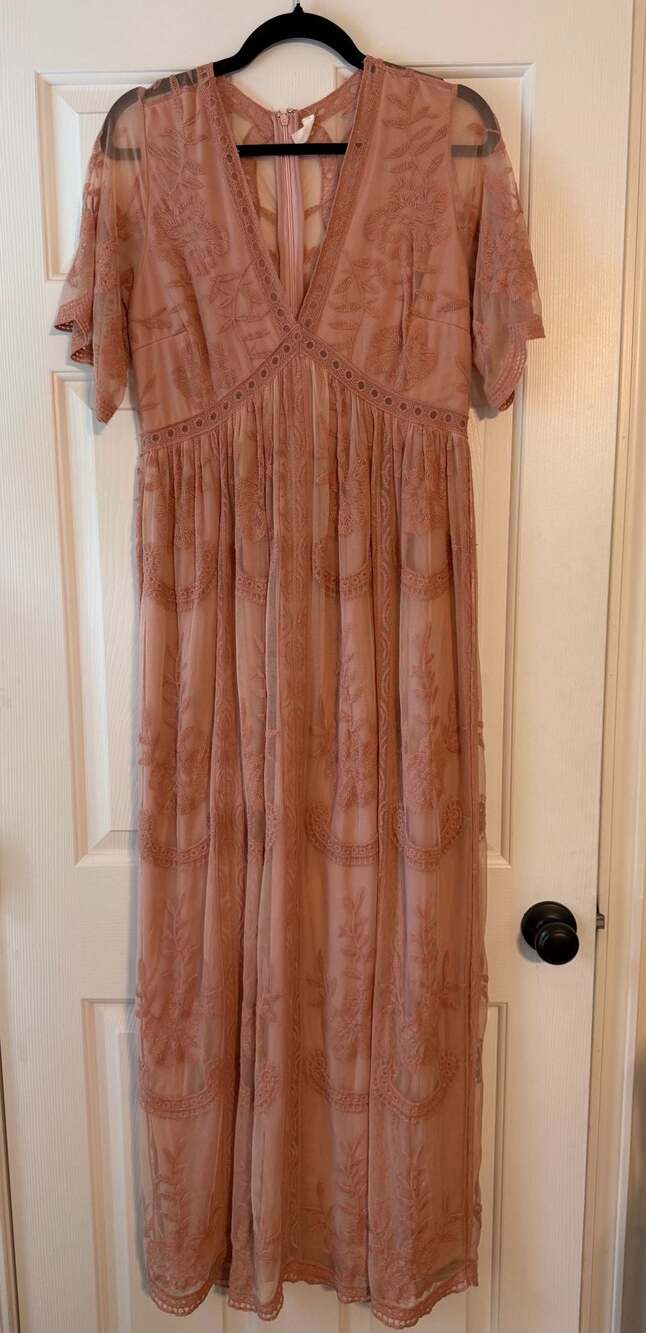 PinkBlush Light Pink Lace Mesh Overlay Maternity Maxi Dress